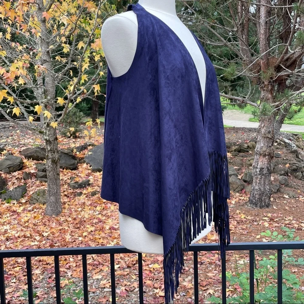 INC Suede Fringe Western Ranch Revival Boho Vest Blue Indigo New XS